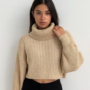 Women’s cropped cable knit turtle neck sweater, size L, long sleeve, beige